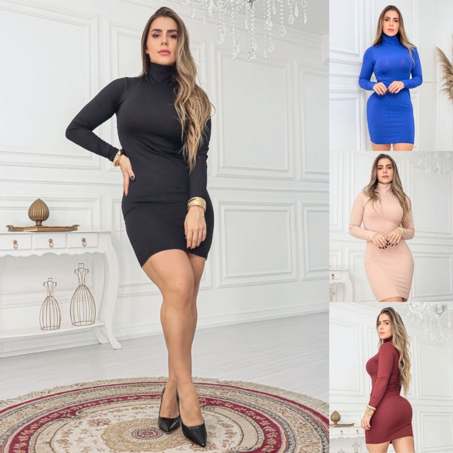 Vestido Midi Canelado Social Gola Alta Manga Longa