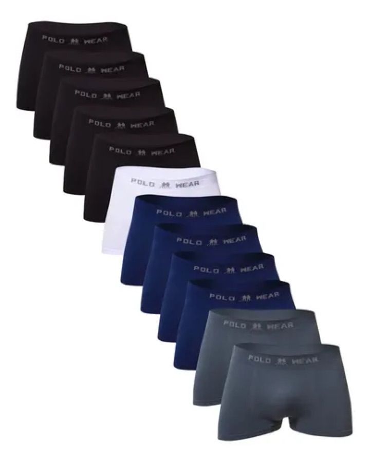 Kit 12 Cuecas Boxer Masculino Polo Wear Branco, Azul Marinho, Preto E Cinza Gg