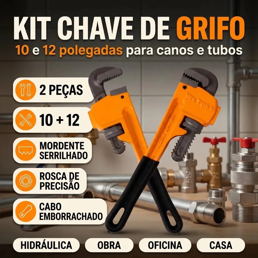 Kit Chave Grifo 10" e 12" WETOKE Com Cabo Emborrachado Para Encanamento e Reparos
