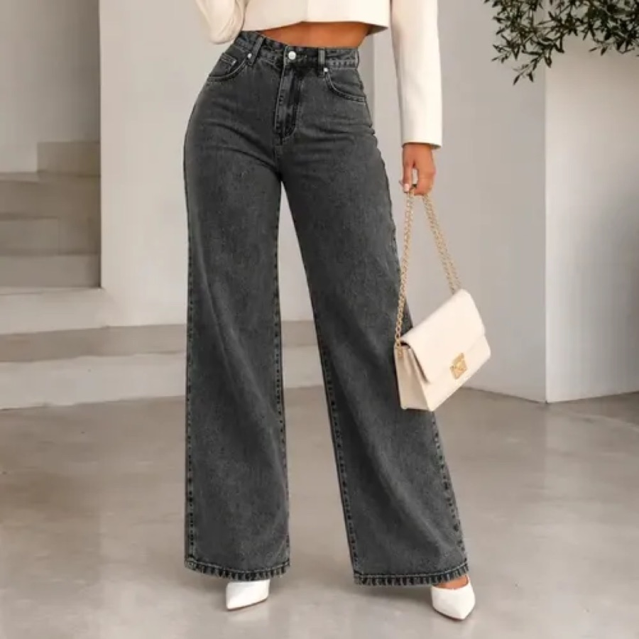 Calça Jeans Pantalona Wide Leg Feminina Cintura Alta Larga