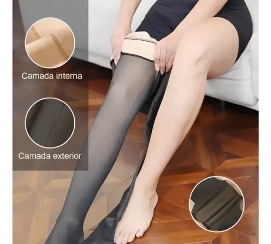 Meia Calça Térmica Translúcida Forrada Pelinho Pelúcia De Lã Translucida P
