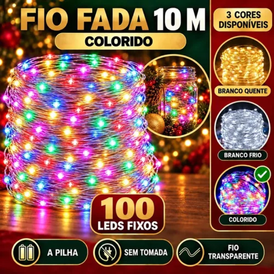 Fio De Fada 100 Leds 10 Metros Ip44 Bateria Cordão Pisca Luzes Festa Decoração Árvore Natal Colorido Luvinco