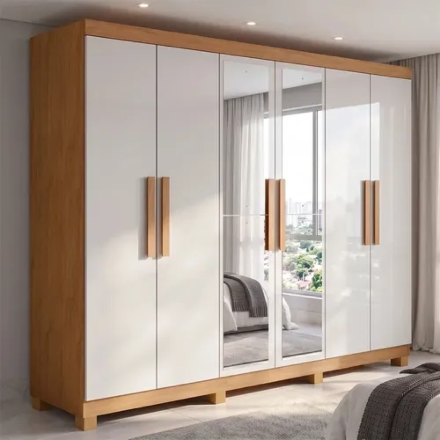 Guarda Roupa Casal 6 Portas Easy Slim Com Espelho E Pés Amêndoa/Off white