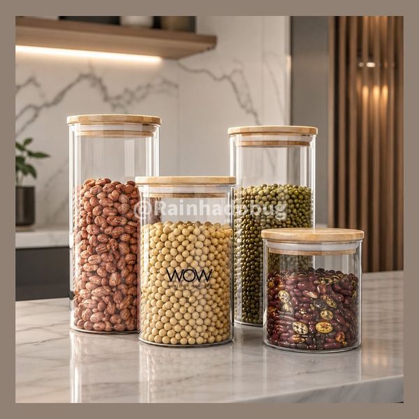 Kit 4 Potes Herméticos Tampa Bambu Organizador Mantimentos Cozinha